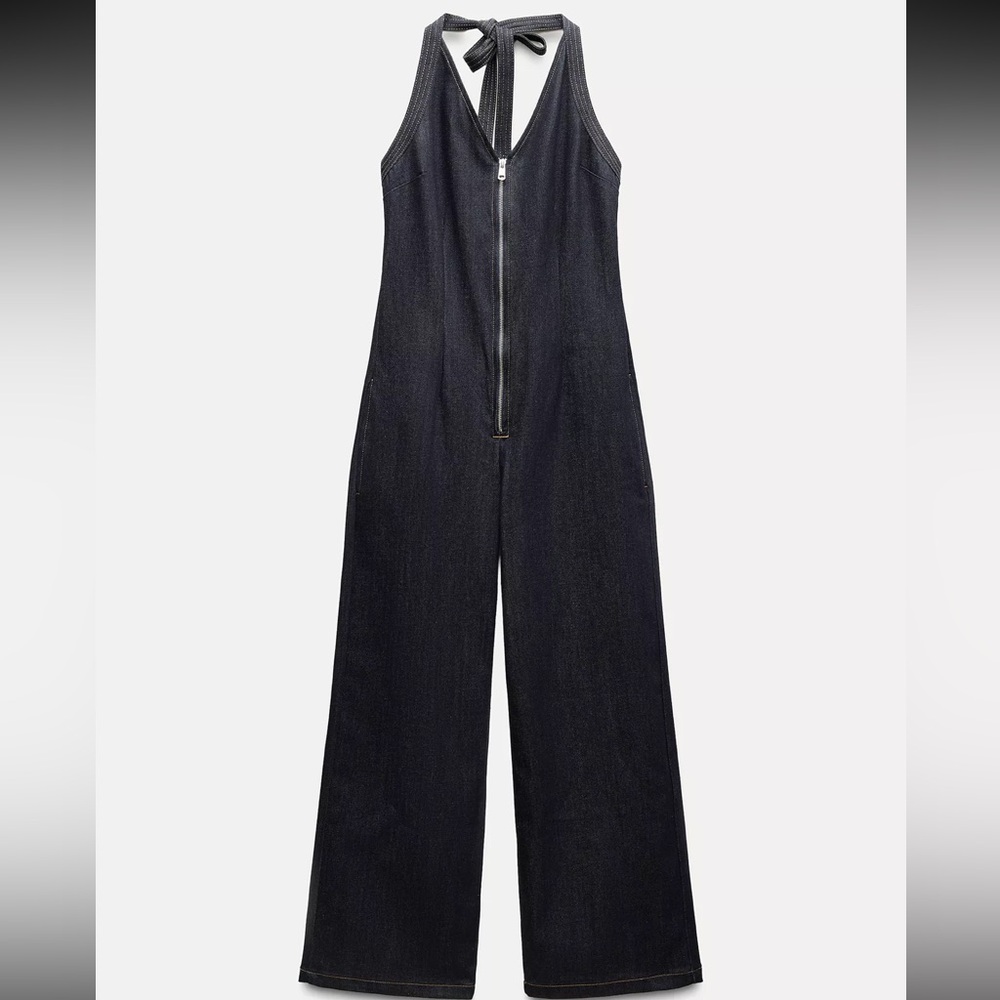 Zara Dark Denim Halter Jumpsuit